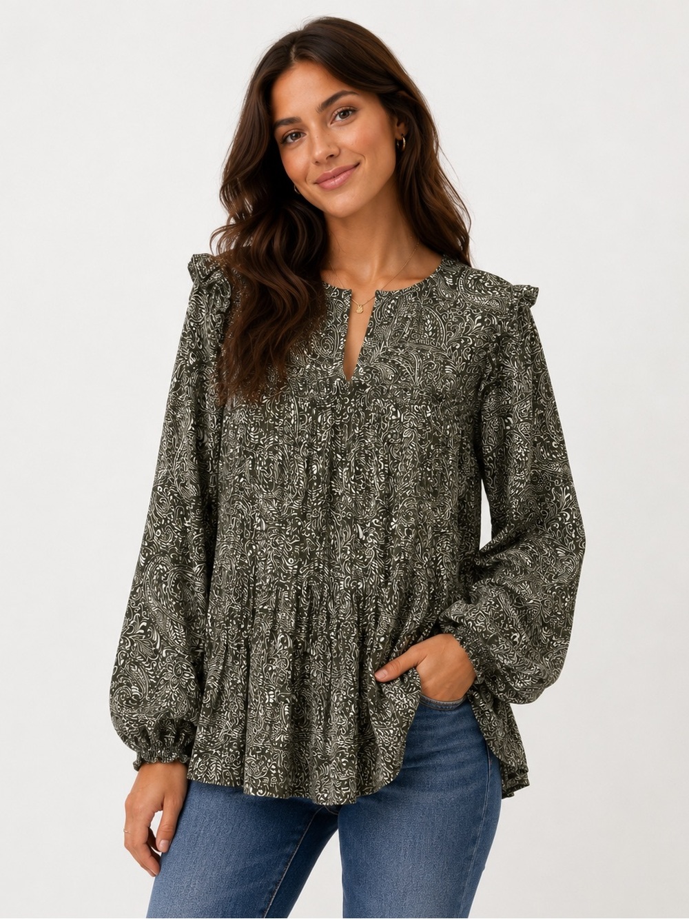 Cable & Gauge Olive Green Pintuck Swing Long Ruffle Sleeve NEW 1255138 Size M